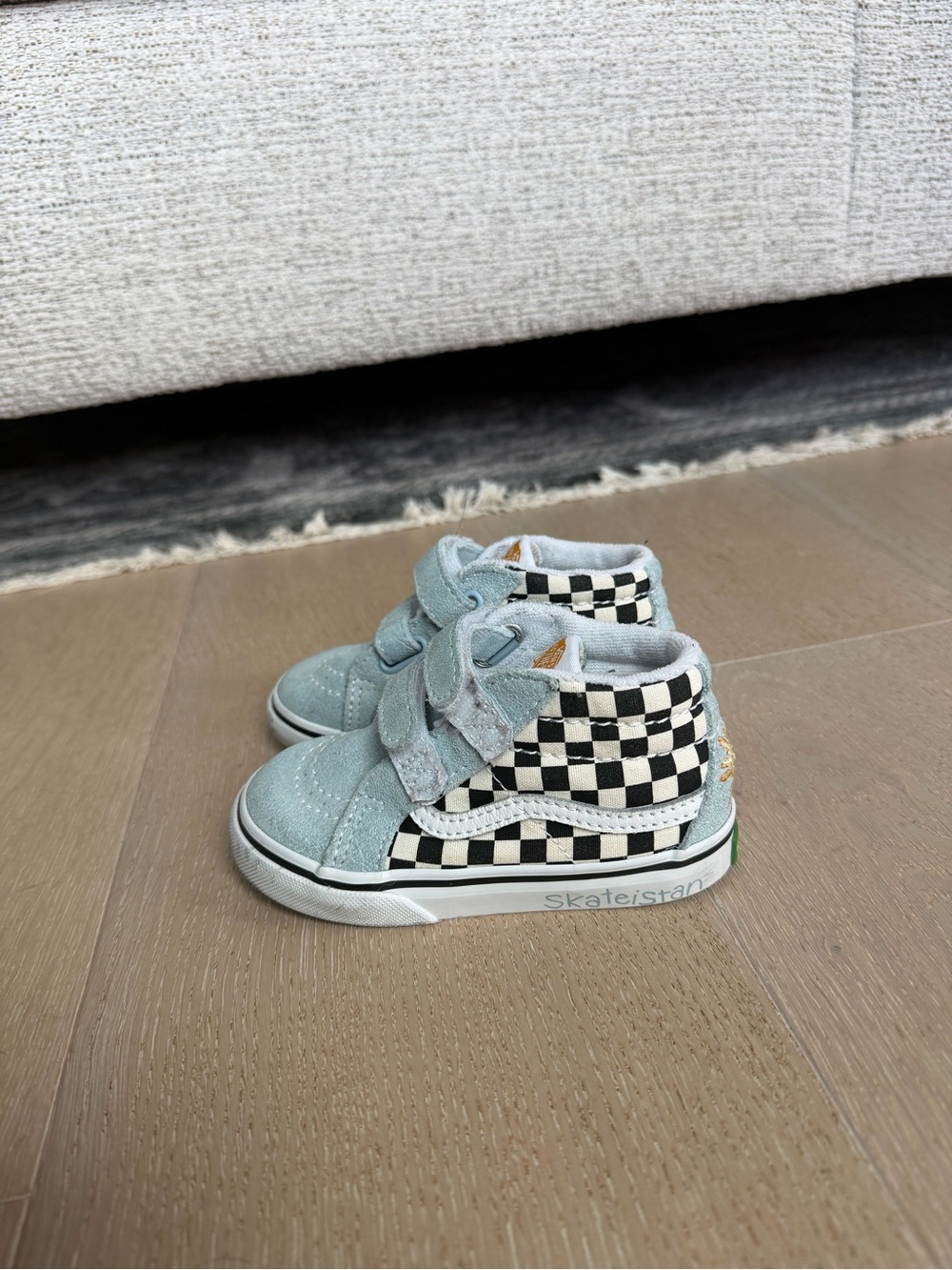 Vans Kids High-Top Sneakers in Light Blue and Black/White Checkerboard